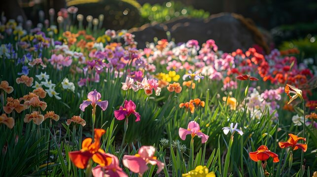 Lush garden bed of multicolored flowers in sunlight, a serene floral display. nature's beauty captured in vibrant colors. perfect for spring themes. AI