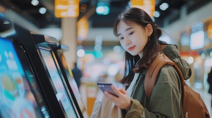 Young Asian Woman Utilizing Smartphone for Contactless Payment at Self-Checkout Kiosk in Modern Store