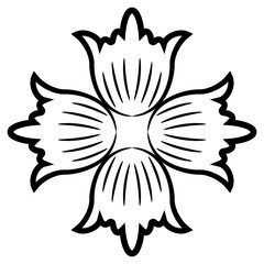 Square cross shape design with four stylized bell flowers. Folk style. Black and white silhouette.