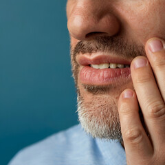 Capture the agony of a man with a toothache in this close-up portrait. Feel his distress as he presses his cheek, conveying pain and discomfort. Perfect for banner templates