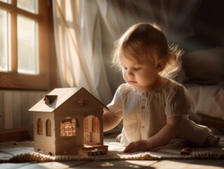 Young Girl Engrossed in Play with Her Wooden Dollhouse in a Cozy Room