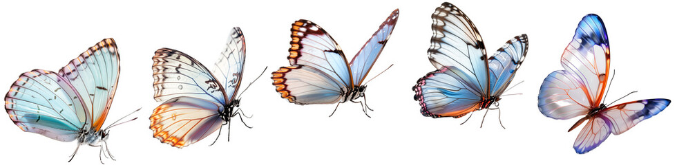 Set of the most delicate blue flying butterflies isolated on a transparent background.