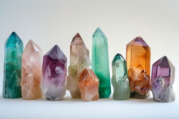 Various types of crystals minerals towers, smoky quarts and amethyst, emerald and fire quartz, aragonite
