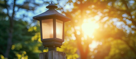A close-up view of a solar powered lantern mounted on a wooden pole, with sunlight shining through the trees in the background.