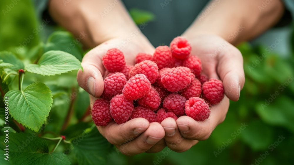 Poster close-up of a man's hands holding a lot of raspberries, harvesting in the garden generative ai