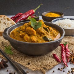Indian Curry is a flavorful and aromatic dish, showcasing a diverse blend of spices and herbs, creating a delicious culinary experience. AI generation.