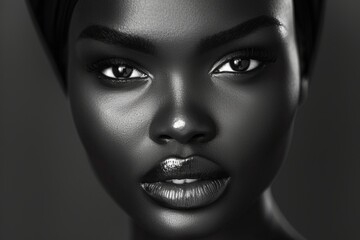 Black and white photo of a beautiful African American girl, close-up portrait of a woman