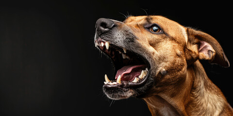 Growling Angry Dog Showing bared Teeth. Close-up of a snarling dog, copy space. Danger of street dog attack, aggression, rabies.