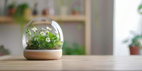 Miniature florarium with greenery and flowers in glass sphere on wooden pedestal on table in minimal interior, copy space.