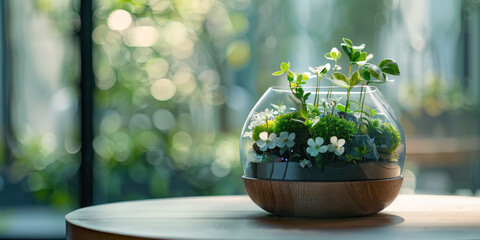 Miniature florarium with greenery and flowers in glass sphere on wooden pedestal on table in minimal interior, copy space.