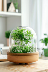 Miniature florarium with greenery and flowers in glass sphere on wooden pedestal on table in white minimal interior, copy space.