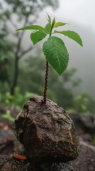 A small green tree breaking through a crack in a large grey rock