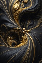 The image is a close-up of a swirling black and gold pattern with a gold orb at the center. The background is a black and gold abstract painting.