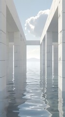 A white building stands next to a vast body of water, creating a striking contrast between manmade structure and natural element
