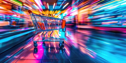 A neon shopping cart in motion on an abstract, colorful background - obrazy, fototapety, plakaty