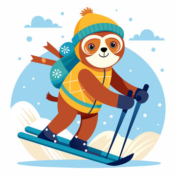 Illustration of sloth skiing on the winter with white background