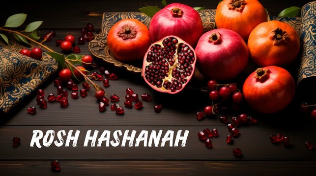 The image showcases a beautifully arranged table top with ripe pomegranates, one of which is cut open displaying its seeds, and scattered berries against a dark wooden background. In the center, the w