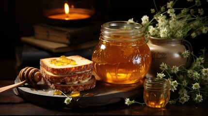 The image captures a rustic and inviting scene with a large jar of golden honey prominently placed in the center, accompanied by a slice of bread with honeycomb pieces on top. To the right of the jar,