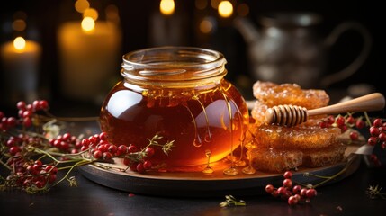 The image showcases a glass jar filled with rich, golden honey, with a wooden honey dipper resting on top, allowing a viscous stream of honey to drizzle down. Beside the jar, there are pieces of honey - obrazy, fototapety, plakaty