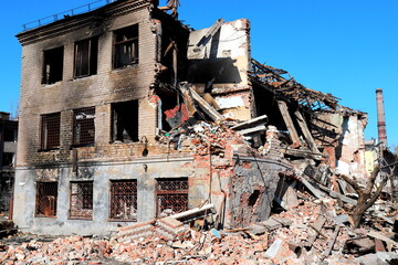 Ruined house Ukraine. Destroyed and burnt civilian building after rocket attack of Russian in Ukrainian city Dnipro. Russia war in Ukraine, shelling, destruction of houses.