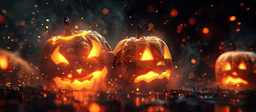 A collection of carved pumpkins, sitting on top of a table, casting a magical glow against a mysterious black background. Each pumpkin is uniquely designed and intricately carved, adding a festive