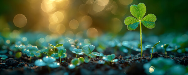 Field of clovers with single shamrock isolated on soft focus bokeh. Saint Patrick’s day background. Festive happy holidays St. Paddy's greeting card, invitation, promotion or banner backdrop. 8k