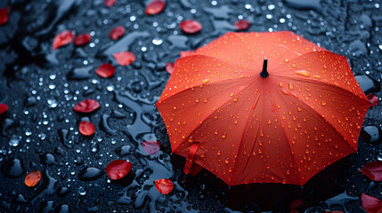 umbrella under rain against with water drops