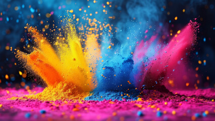 Holi background. Abstract colorful gulal powder and dust rainbow pigment particles explosion. Festive Indian happy holidays greeting card, invitation or banner backdrop. Hindu festival of colours 8k. - obrazy, fototapety, plakaty