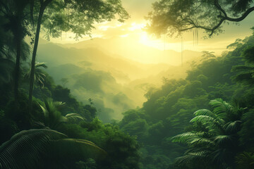 Sunlight piercing through the misty tropical jungle canopy.