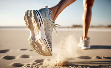 Athlete's foot in sneakers which starts to run. Sand flies under their shoes.