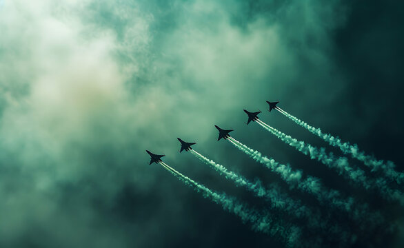 23 march Pakistan day background shot of many planes in the sky performing airshow