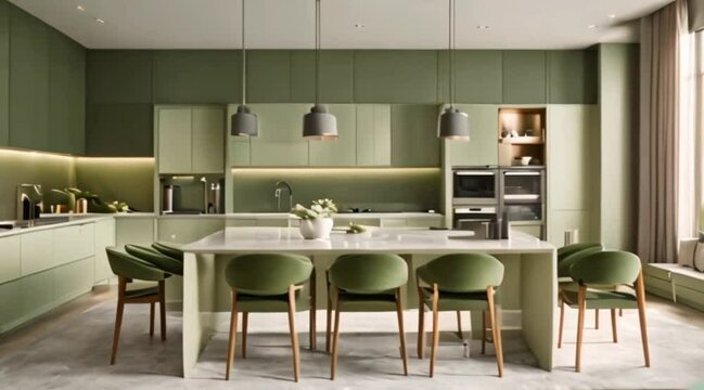 A luxurious Brooklyn estate painted in a subtle sage green, highlighting an open-plan design. The image features a contemporary kitchen with a double island and sleek, minimalist living area