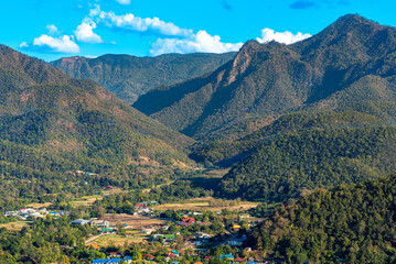 View to the Thanon Thong Chai range in the Namtok Mae Surin National Park near the provincial capital of Mae Hong Son in northern Thailand. The Shan Hills stretch from Myanmar to Thailand