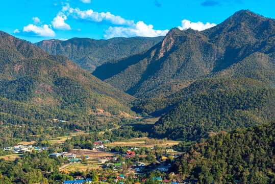 View to the Thanon Thong Chai range in the Namtok Mae Surin National Park near the provincial capital of Mae Hong Son in northern Thailand. The Shan Hills stretch from Myanmar to Thailand