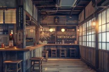 Poster Cozy Izakaya Interior in Tokyo with Wood Accents and Seating Arrangements © bomoge.pl