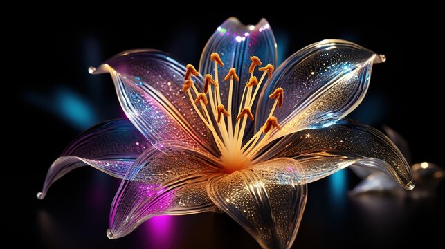 Neon gradient light yellow, purple and gold art of a sundrop lily on black background with stars