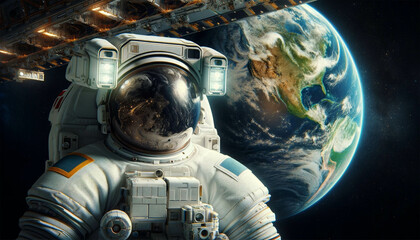 An astronaut in a spacesuit looks at the ground. A close-up astronaut admires planet Earth from space. - obrazy, fototapety, plakaty