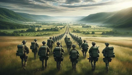 Fotobehang Army soldiers, both men and women, roam the countryside with their Bergens. The setting is peaceful, with hills and wide skies contrasting with the purposeful steps of the soldiers. © Jakob