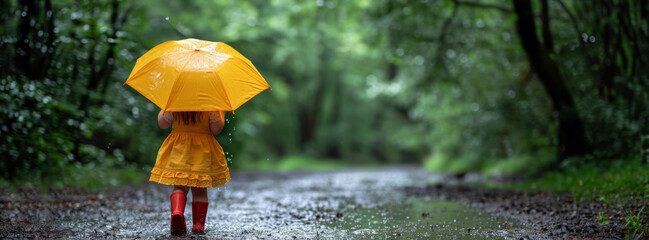 A little girl walks in the rain in the park. Spring rainy mood.