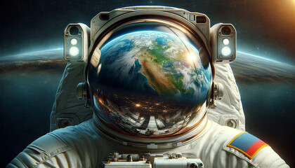 An astronaut in a spacesuit looks at the ground. A close-up astronaut admires planet Earth from space.