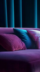 Purple Couch with Pillows in a Dark Room with Curtains
