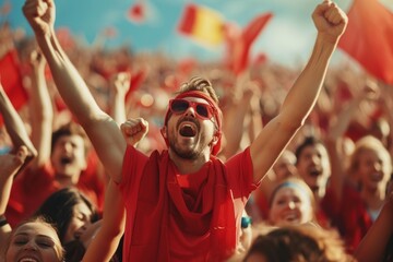 Ecstatic Sports Fans Celebrating Goal at Packed Stadium Event