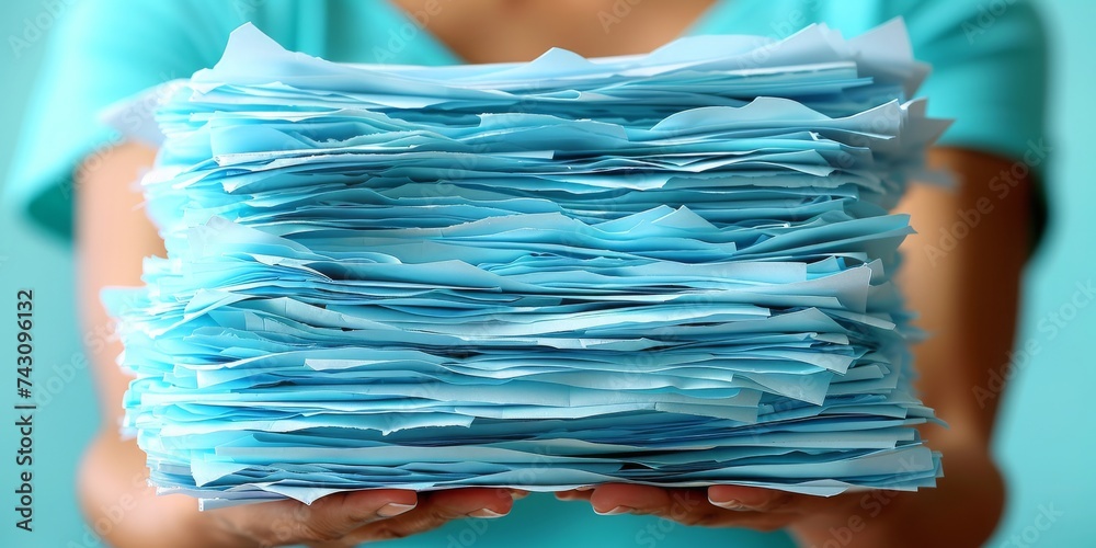 Aufkleber hands carefully hold a towering stack of blue paperwork, symbolizing the daunting tasks of office wo