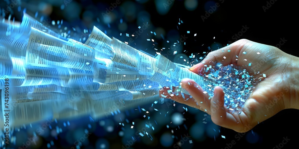 Poster A Hand Engages with a Burst of Data Transforming Traditional Paperwork into Digital Information in a High-Tech Office Environment, Generative AI
