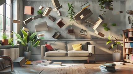 Levitating Furniture in Modern Living Room Interior Concept Illustration - obrazy, fototapety, plakaty