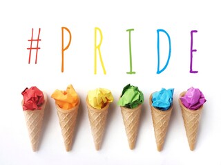 Pride background with text and ice cream with the pride LGBT flag colors