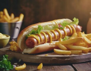 A hotdog is an iconic snack consisting of a sausage in a bun, typically adorned with various flavorful condiments and sauces. AI generation.