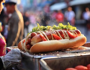 A hotdog is an iconic snack consisting of a sausage in a bun, typically adorned with various flavorful condiments and sauces. AI generation.