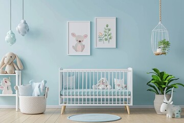 Minimalist light blue baby room with a crib surrounded by toys, with wood flooring and posters