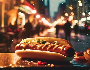 A hotdog is an iconic snack consisting of a sausage in a bun, typically adorned with various flavorful condiments and sauces. AI generation.